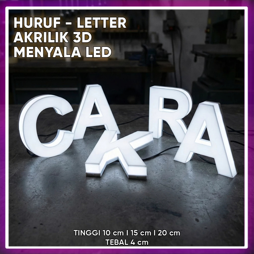 Huruf Akrilik Letter 3 Dimensi Satuan Menyala LED