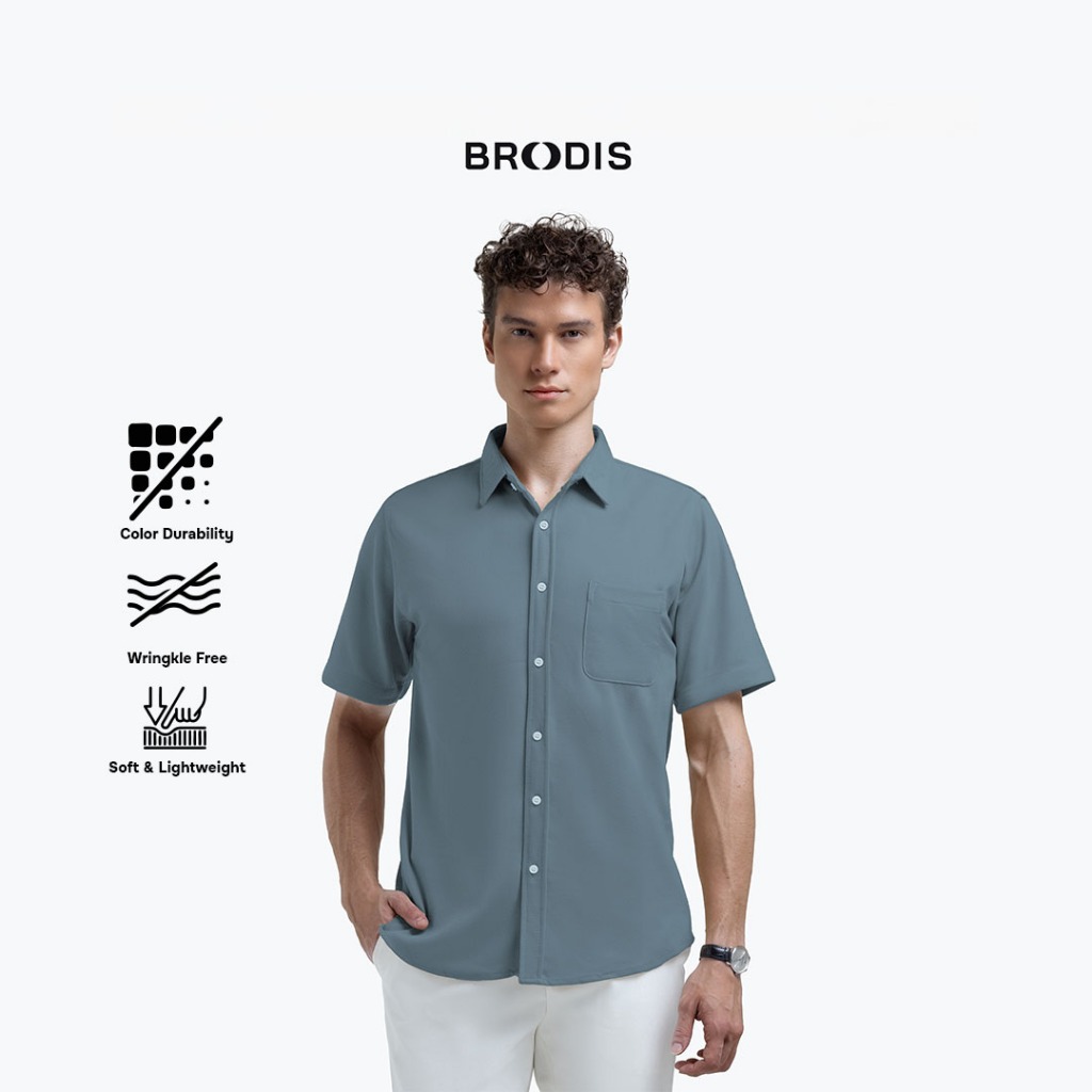Broodis Kemeja Pendek Polos SOFTEE Short / MONTY Mineral Blue Lengan Pendek Slimfit