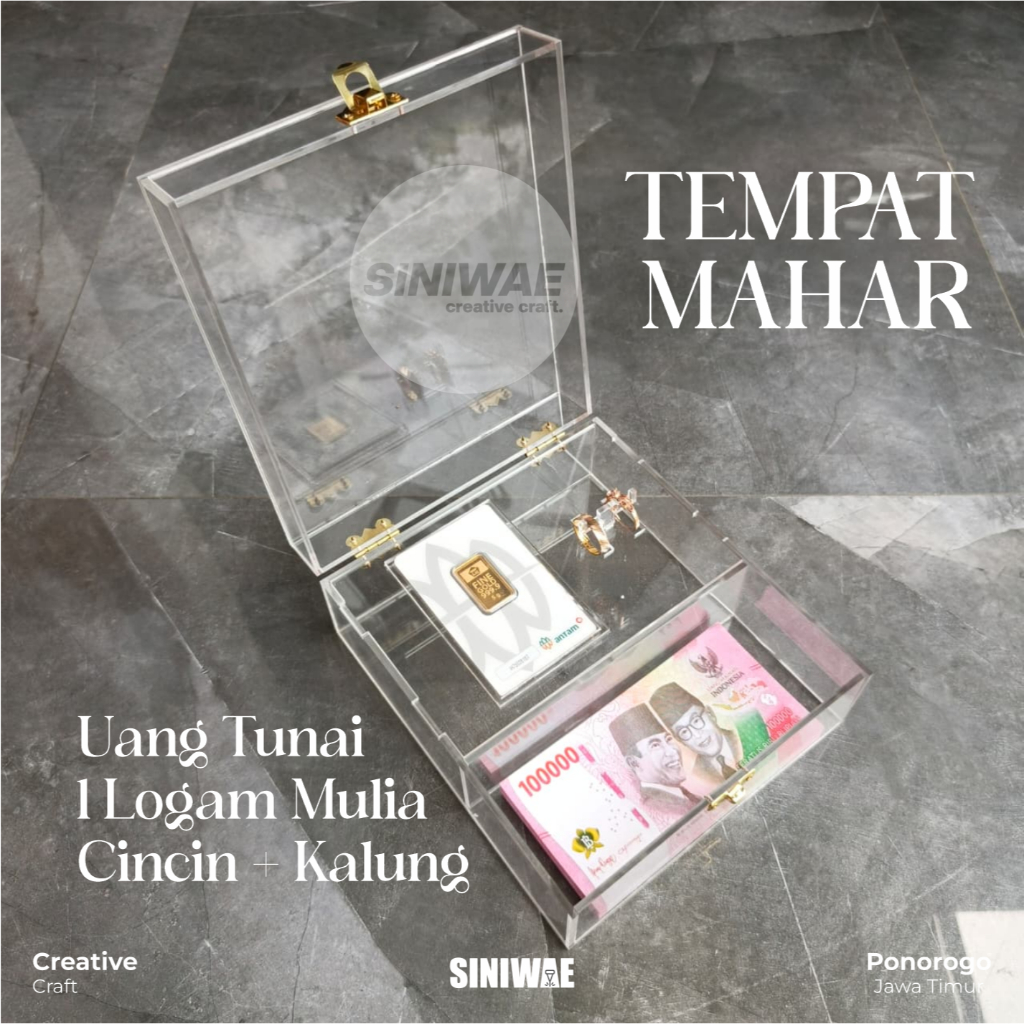 ( Tanpa Print ) Tempat Mahar Akrilik 1 LM 2 Cincin & Uang Box Akrilik Logam Antam Kotak Emas Tebal 3