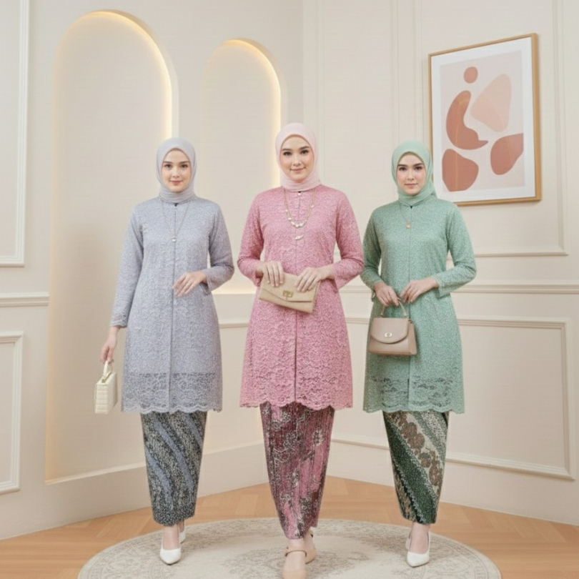 Promo...Stelan Dan Atasan Kebaya Brokat 2026 (Size M-5XL) Tunik Seragam Wanita modern tradisioal