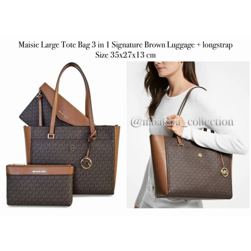 MK Maisie Large Tote Bag 3 in 1 Signature Brown Luggage longstrap