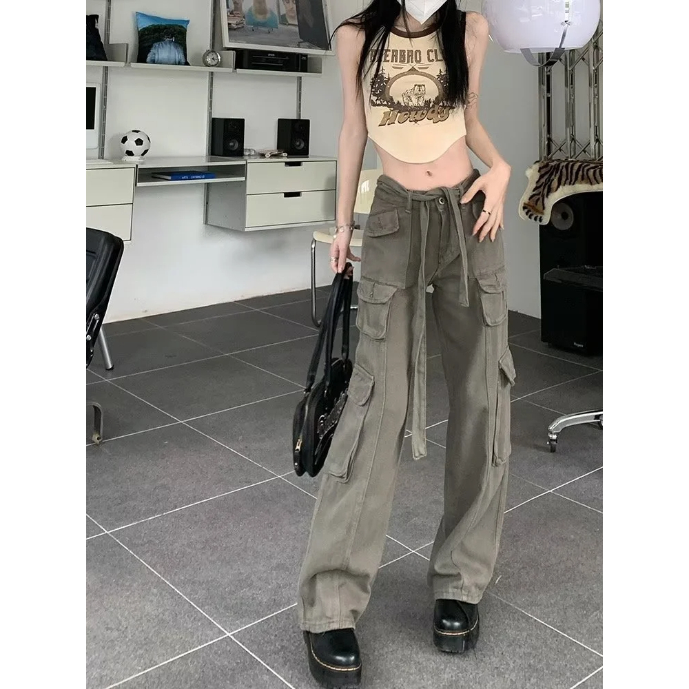 J41 Celana Cargo Jeans Wanita HW  Kulot Kargo Tali Gesper HighWaist Coklat Kasual Longgar