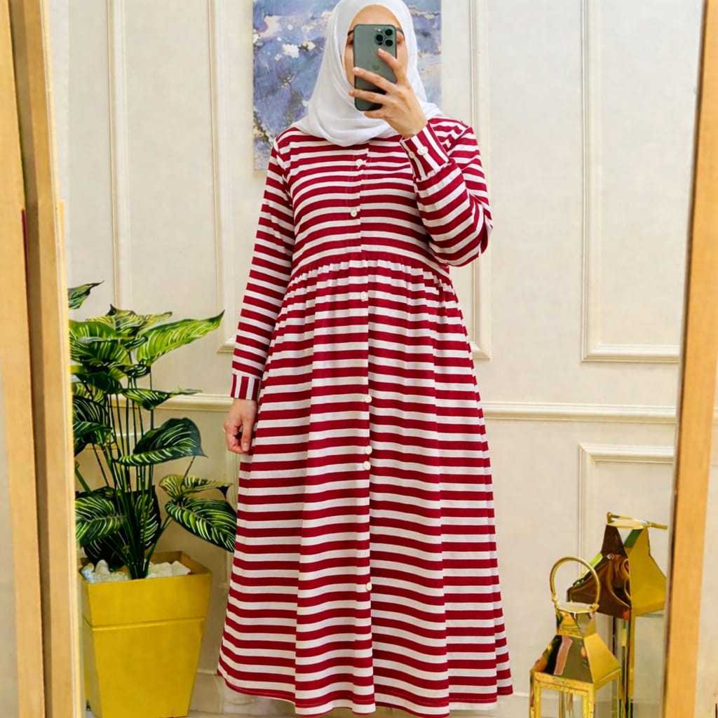 Midi Dress Salur Merah Putih Wanita Tunik Panjang Lengan Panjang Modis Kekinian Busui Friendly