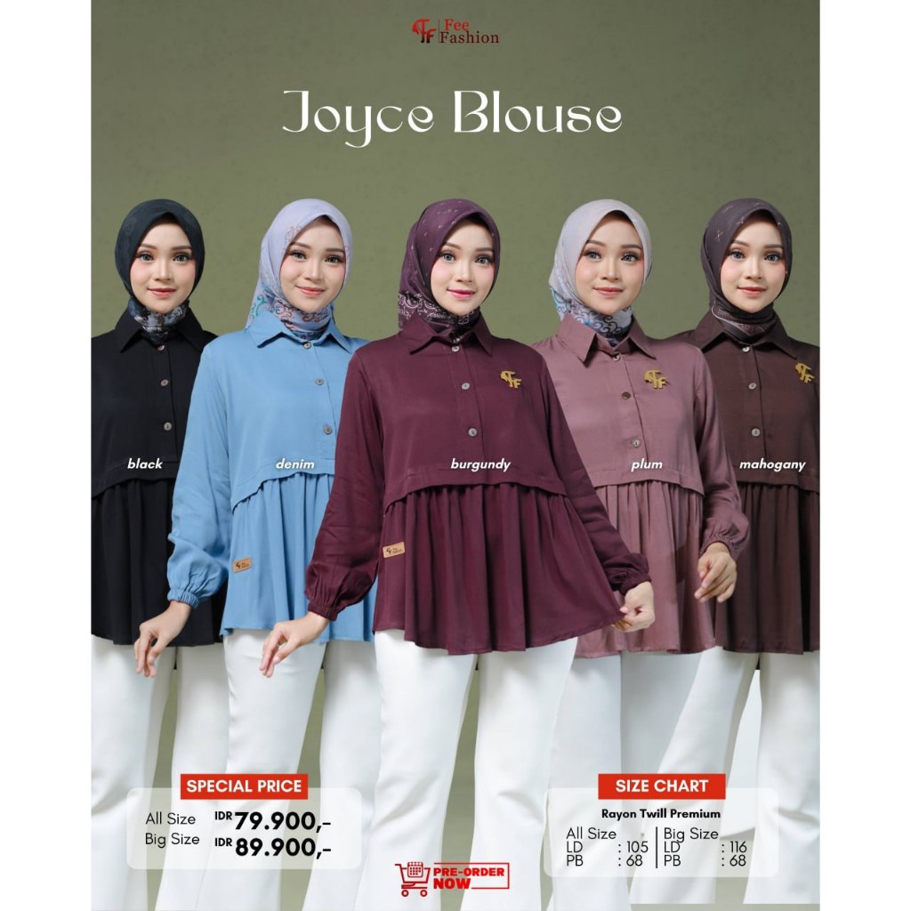 FEE FASHION Joyce Blouse Rayon Twill Premium Kerah Kemeja Lengan Loose All Size