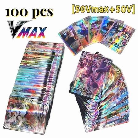 100pcs Pokemon Vmax Cards/Kartu Pokemon TCG Vmax Mega EX GX/Pokemon Shiny Cards/Kartu Laser Pokemon