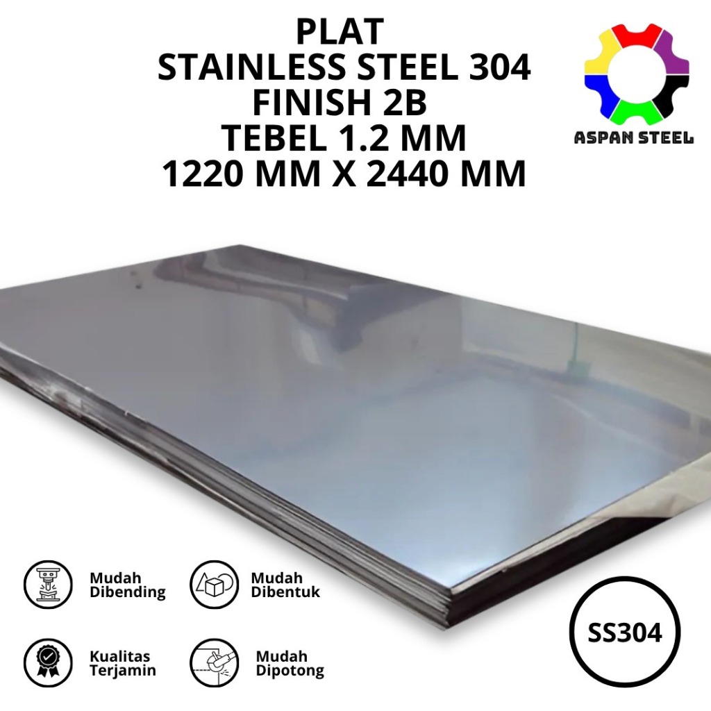 Plat stainless steel lembaran tebel 1.2 mm x 1220 mm x 2440 mm finish 2b 304