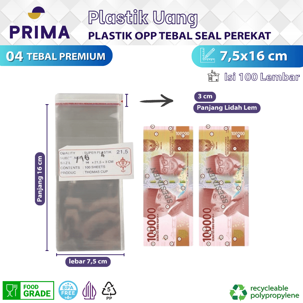 Plastik Opp Tebal Bening 7,5x16 cm dengan Seal Perekat isi 100 pcs untuk Kemasan Uang Kertas (100 Ri