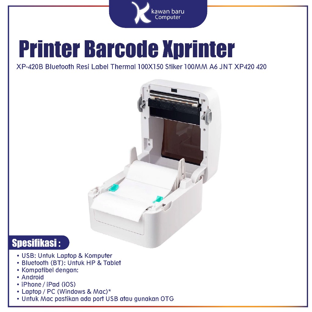 Printer Barcode Xprinter XP-420B Bluetooth Resi Label Thermal 100X150 Stiker 100MM A6 JNT XP420 420