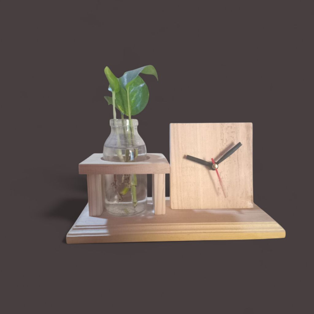 Jam meja kayu + vas/Pot tanaman air