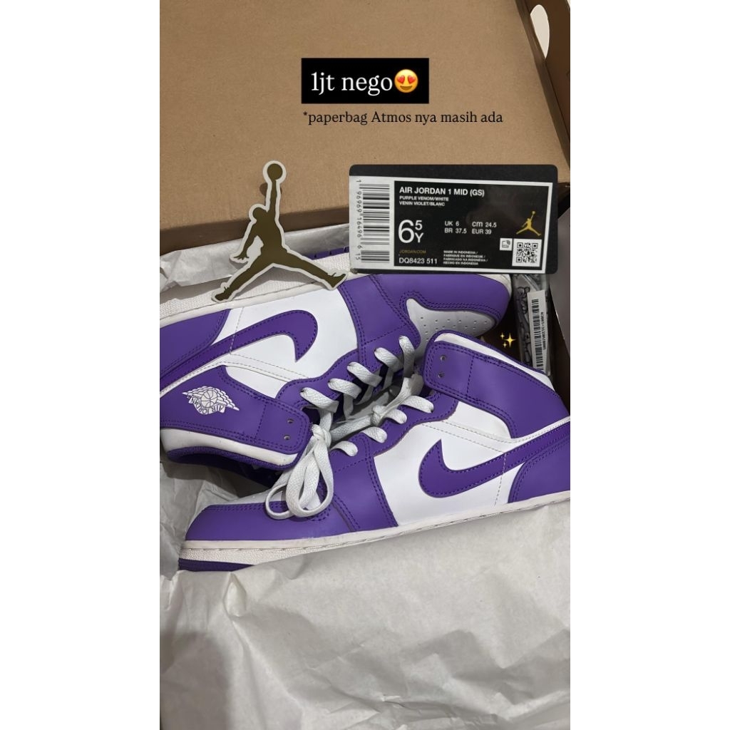 NIKE AIR JORDAN 1 MID PURPLE VENOM GS / MULUS KINCLONG / GA PERNAH DIPAKE