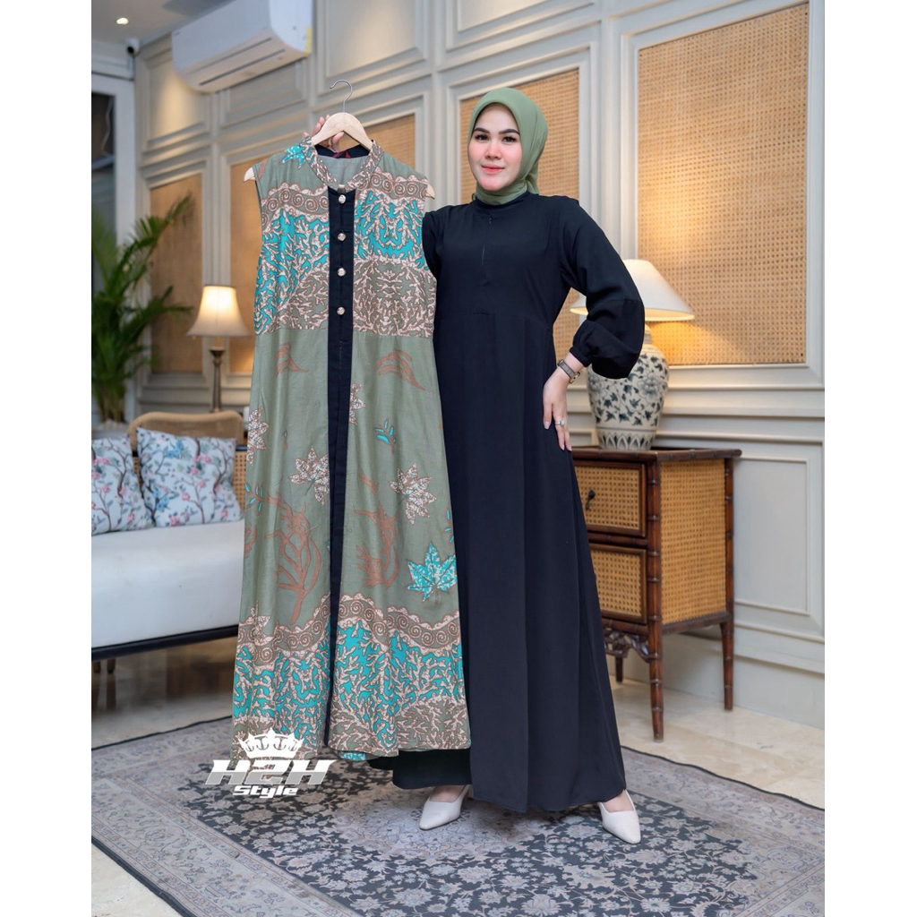 Gamis Batik Mewah 2 in 1 Premium Dress Batik Rompi Kombinasi Jack Black Gamis Seragaman Terlaris Kek
