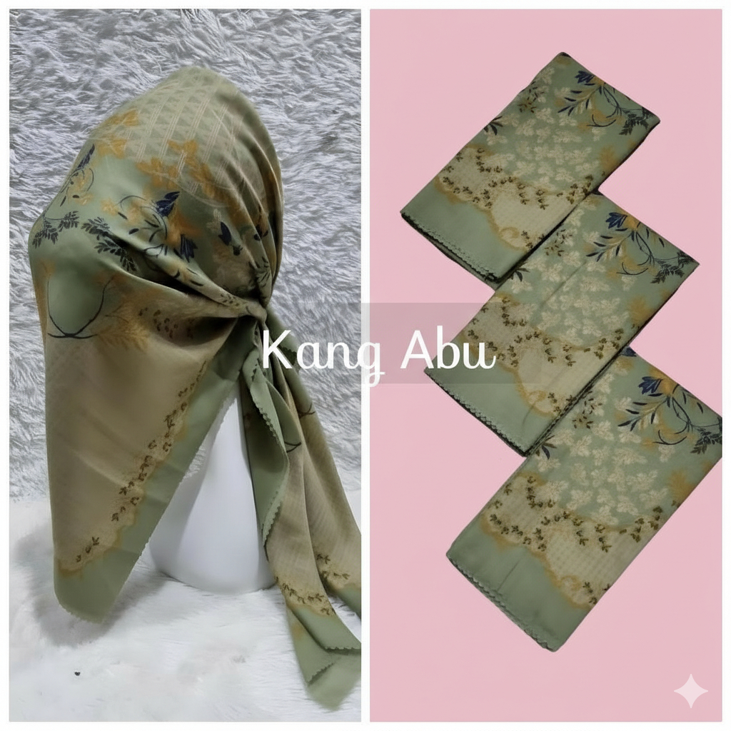 imn. Hijab segi empat voal (CODE 104) motif bunga sage green ukuran 110x110cm
