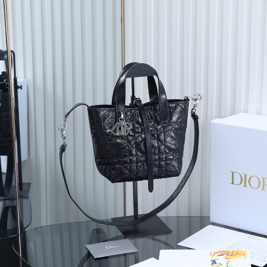 Dior Mini Toujours Vertical Tote Bag in Black Calfskin Leather