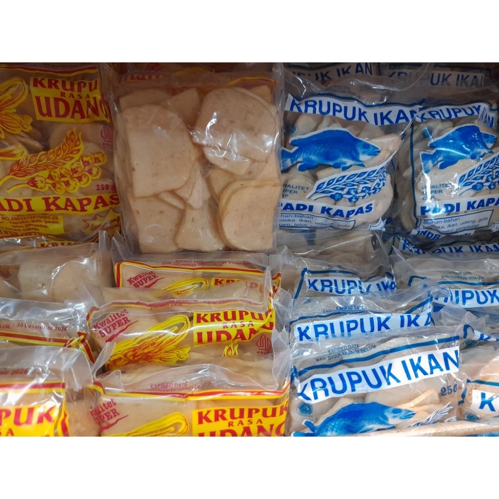 kerupuk udang dan ikan padi kapas ukuran kancing atau kecil|kerupuk udang dan ikan mentah|| padi kap
