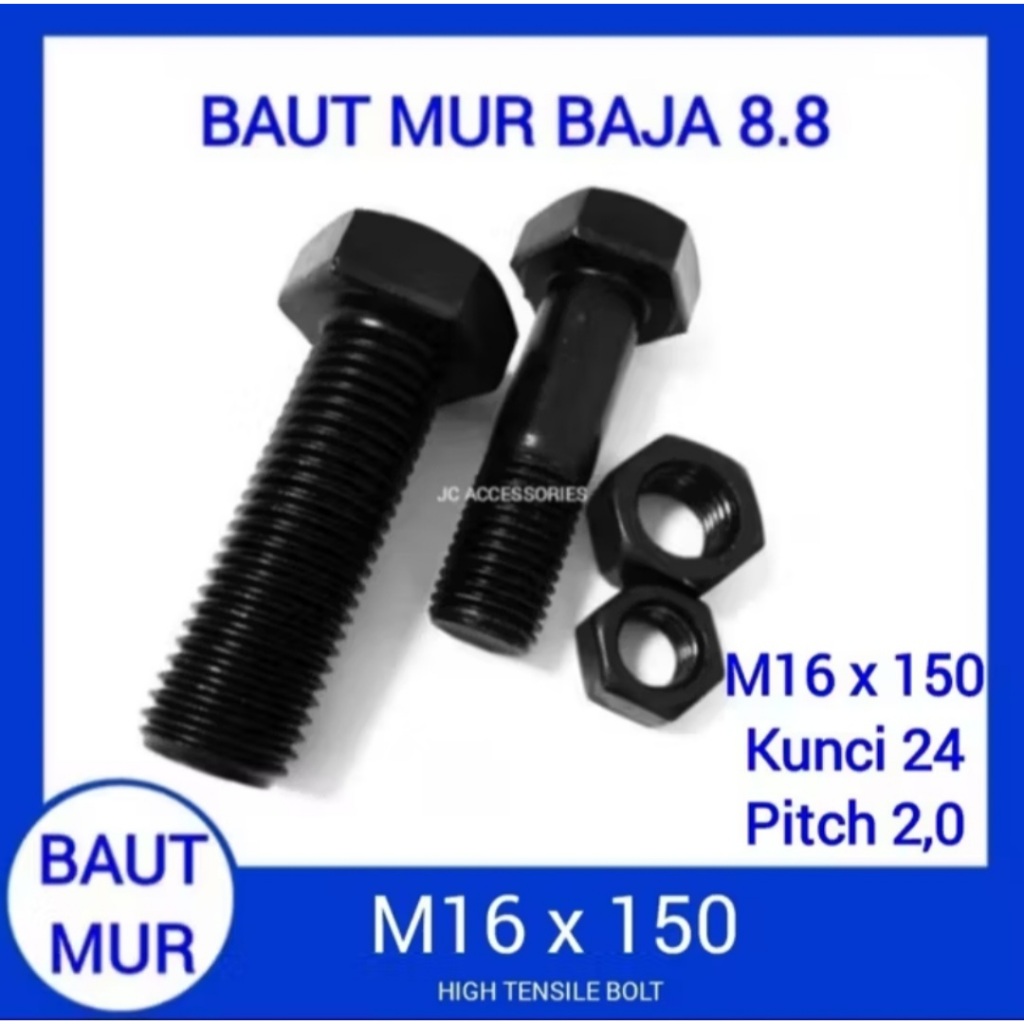 BAUT MUR BAJA 8.8 M16X80 M16X100 M16X120 M16X150 KUNCI 24 PITCH 2,0 HIGH TENSILE BOLT HTB HEX HITAM 