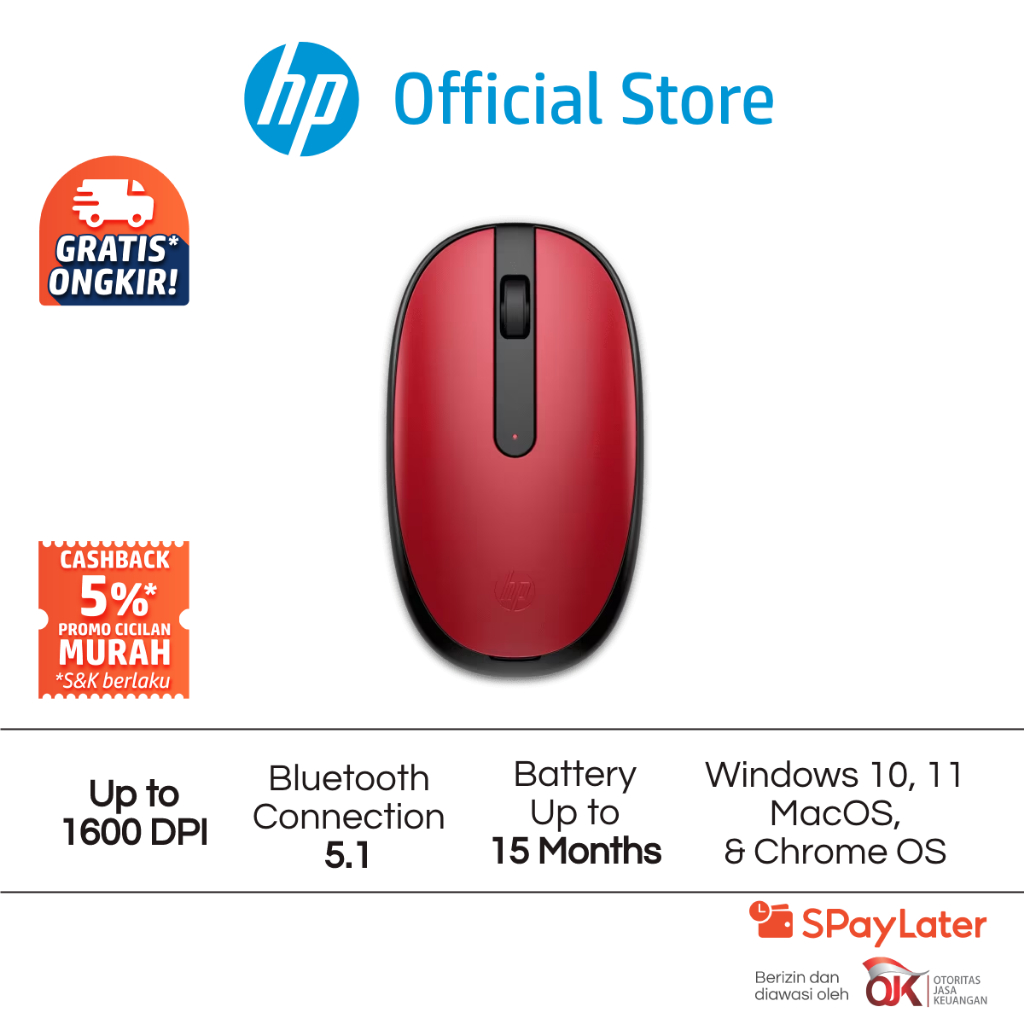 Mouse Bluetooth HP 240 Red / Black / Silver / White Up to 1600 DPI Windows 11 Windows 10 macOS Promo