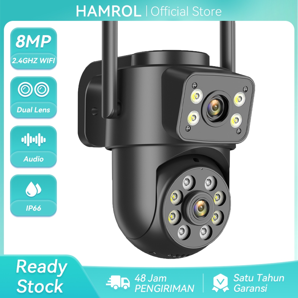 Hamrol 4K 8MP CCTV Kamera Wifi IP Luar Ruangan Camera Penglihatan Malam Pengawasan Lensa Ganda ICsee
