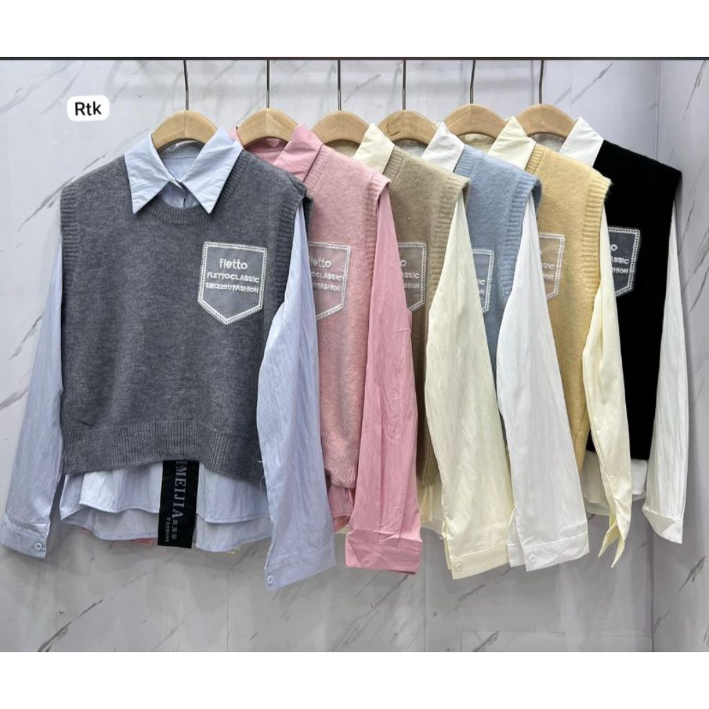 NewArrival#A03.96K - Kemeja Wanita Import Premium Terbaru Kekinian Plus+ Vest-Rompi Rajut / 2in1 Ata