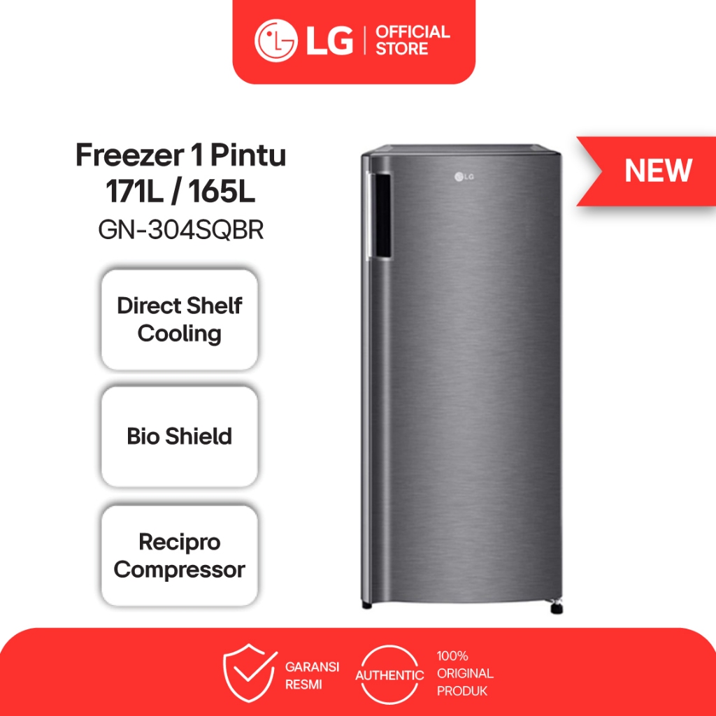 LG Freezer 1 Pintu 171L / 165L - Vertical Freezer - 6 Freezer Shelves - 4 Door Baskets - GN-304SQBR