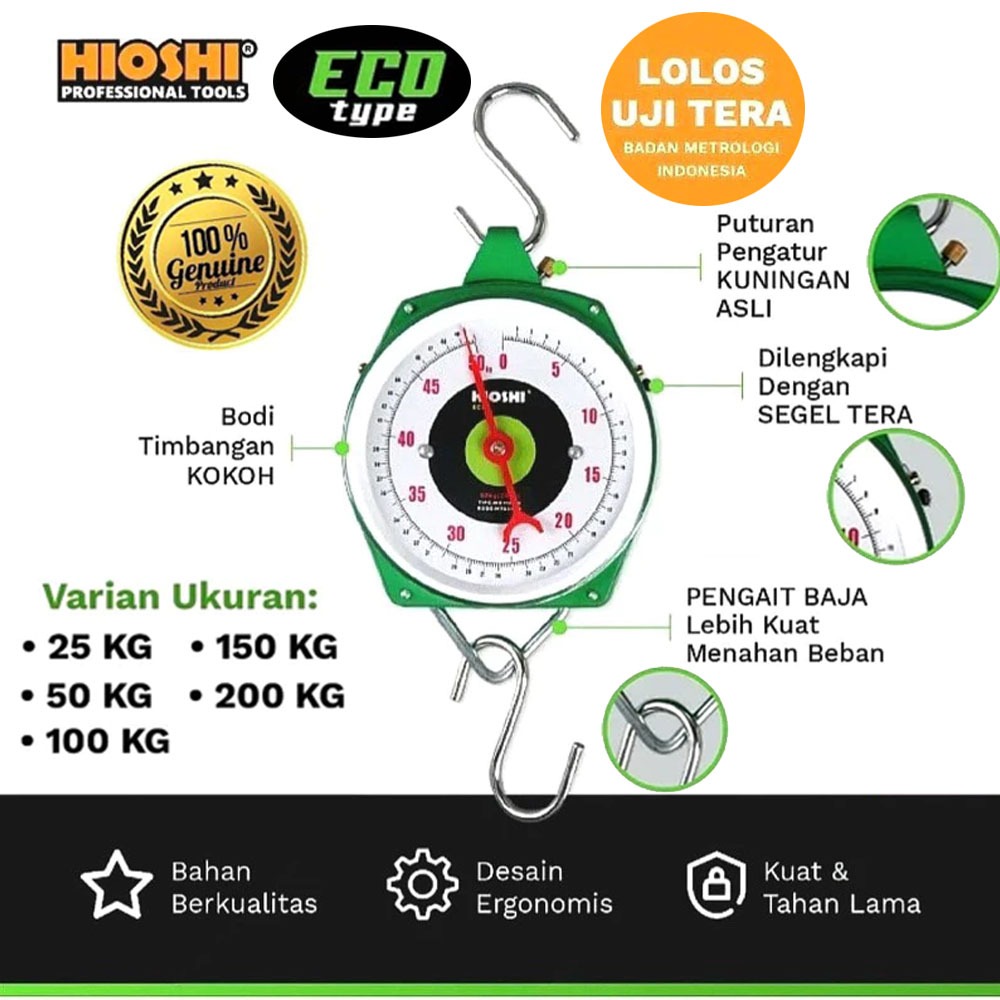 HIOSHI/Timbangan Gantung/Manual/Analog/Lonceng/Jam/Buah/Sayur/25-50-100-150-200KG-Eco HANGING SCALES