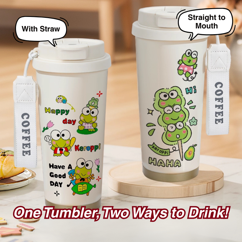 Tumbler Kero Keroppi 500ml Stainless Steel 316 Sedotan Portable Botol Minum Aesthetics