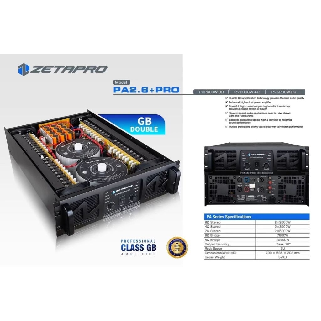 Power Amplifier Zetapro PA 2.6 + Pro GB Double Original Double Trafo Class GB
