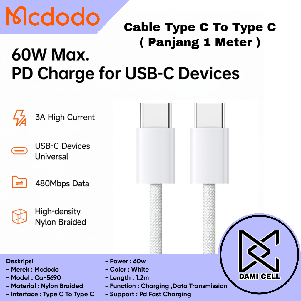 Kabel Data Type C to Type C Nylon Braided PD Fast Charging Max 60W 1 Meter Original MCDODO CA-5690