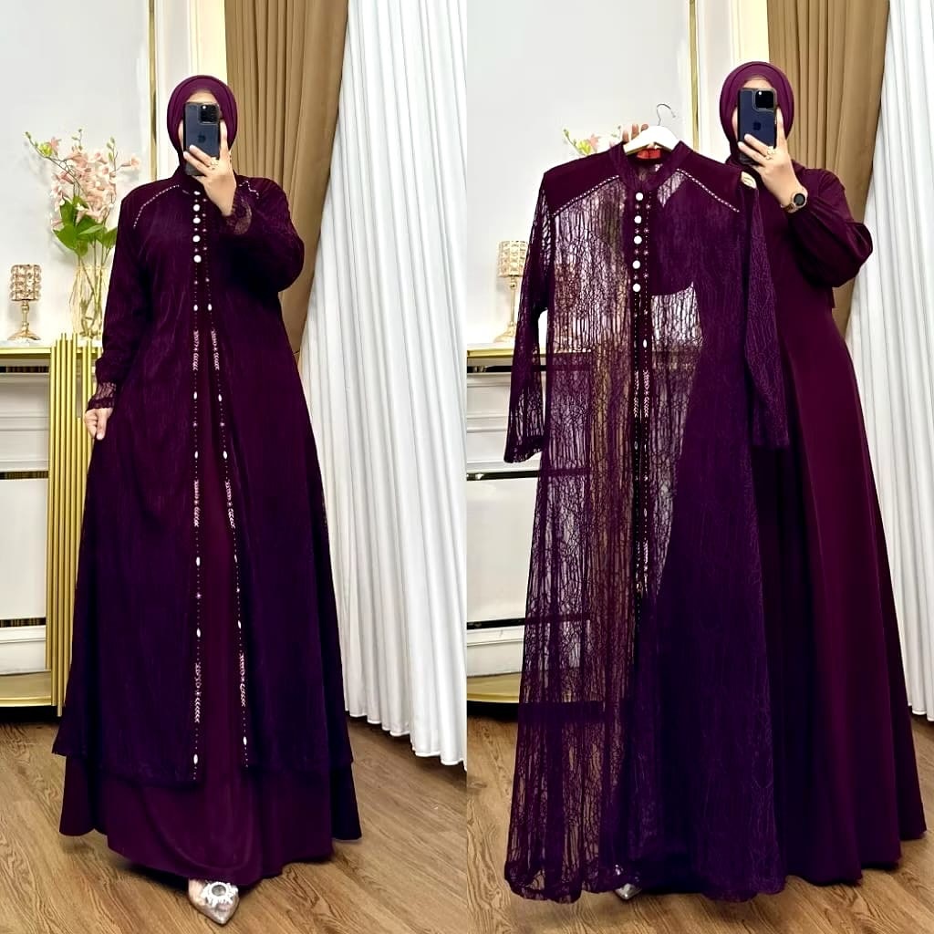 Violla Dress Gamis Ceruty Baby Doll Mix Brukat Aksen Payet Baju Gamis Kondangan Wanita Model Outher