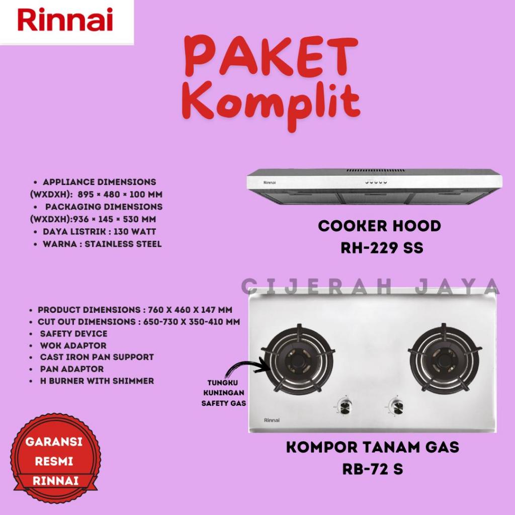PAKET KOMPOR TANAM RINNAI STAINLESS 2 TUNGKU RB72S + COOKEHOOD RINNAI 229SS / KOMPOR TANAM GAS RINNA