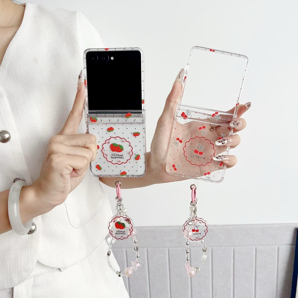 New Case Samsung Zflip7 Pelindung Lipatan Strawberry Cherry Fruits With Cute Charm Cantik Imut TPU C