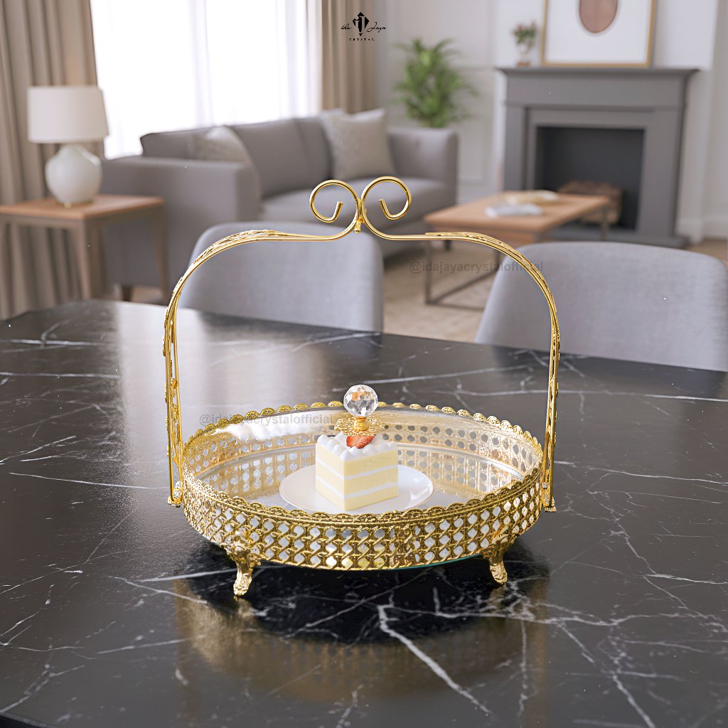 Tempat Kue Susun Berbahan Kaca dan Logam Tahan Karat, Model Segi atau Oval