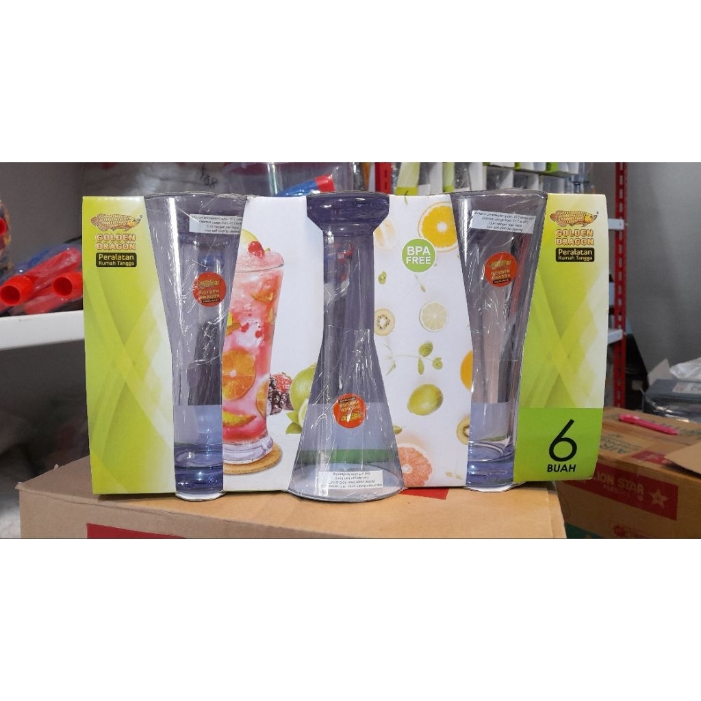 Golden Dragon Gelas Jus Slim 875 (6's) Gelas Plastik Bening Mirip Kaca Transparan
