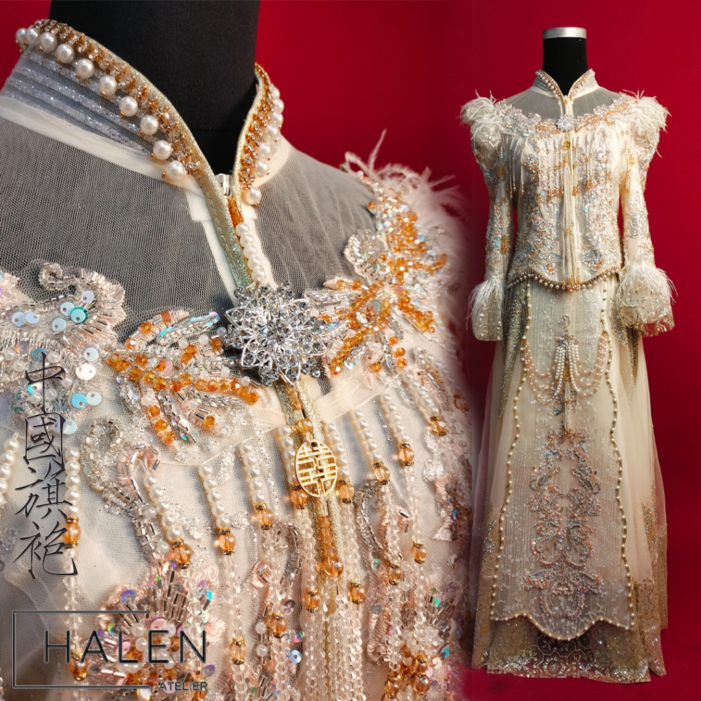 [FOR RENT] Gold Sangjit Modern Cheongsam QiPao - Cheongsam Sangjit Modern Gold Full Payet