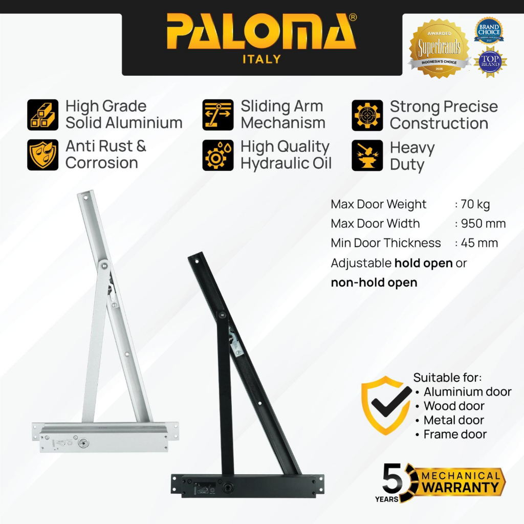PALOMA Door Closer Penutup Pintu Otomatis Concealed Tanam White Putih Natural Anodized Black Hitam M