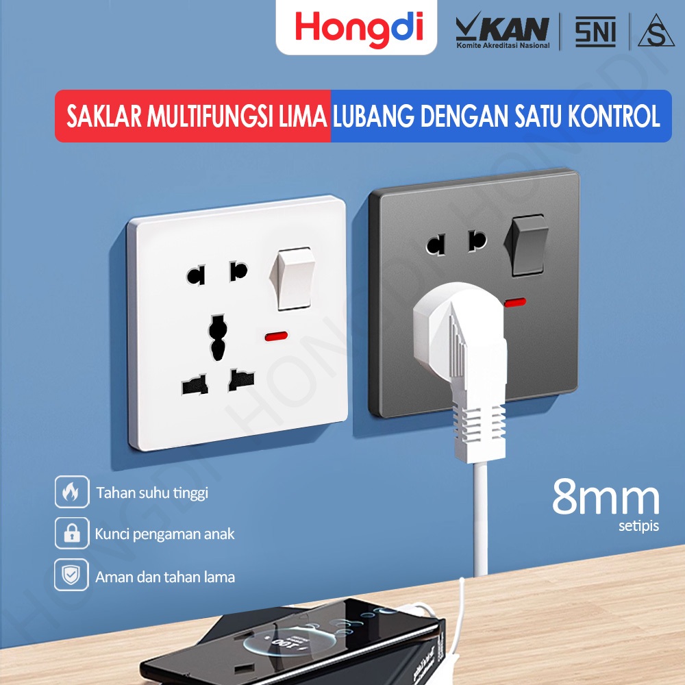 HONGDI  Stopkontak Tanam Stop Kontak 5 Lubang Universal + Neon Stop Kontak Dinding Tempel Socket Lis