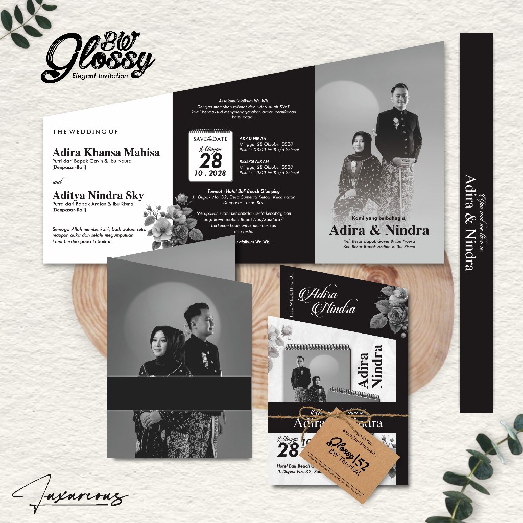 Undangan Pernikahan Hitam Putih Lipat 3 Custom – Undangan Nikah GlossyBW Threefold Aesthetic Rustic