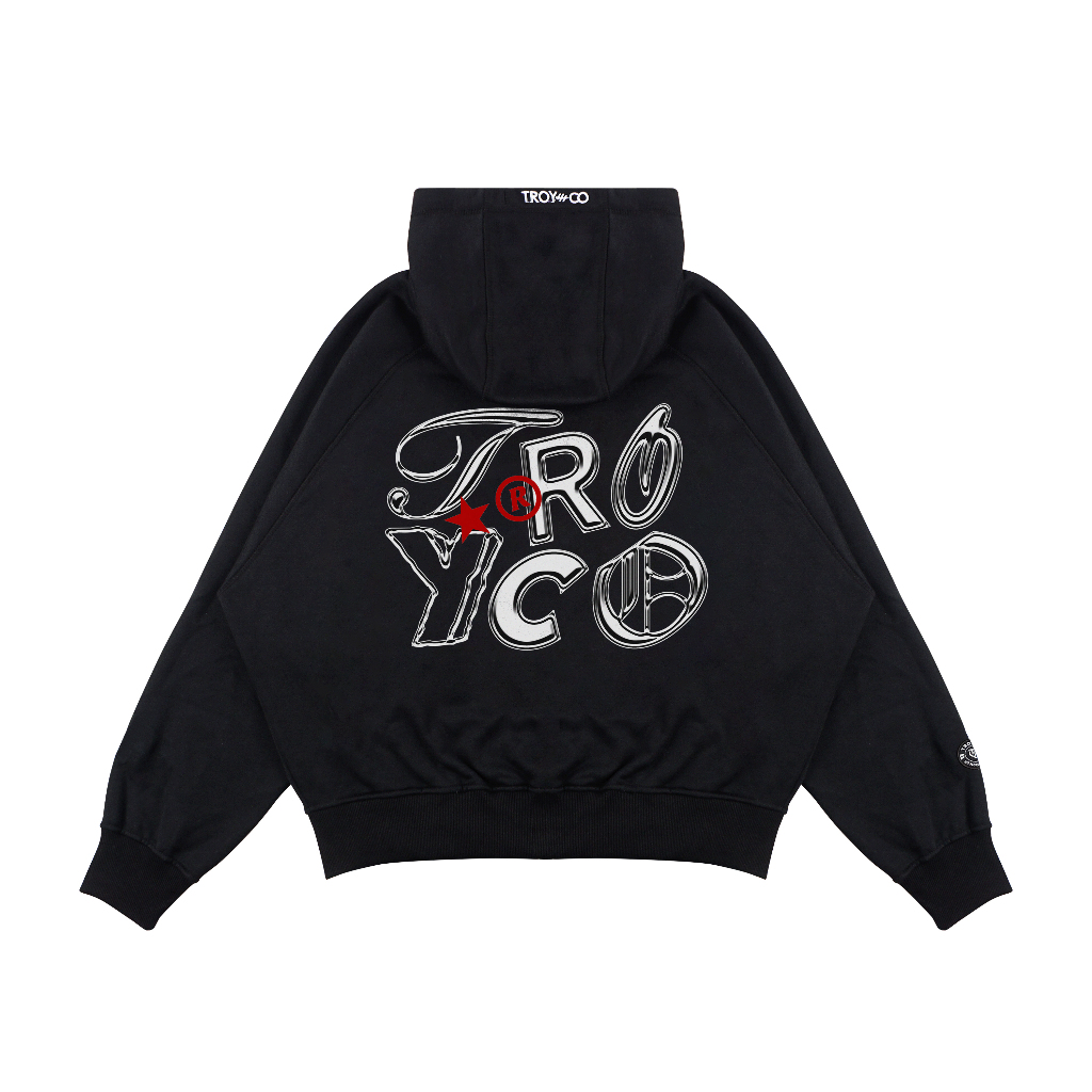 Troy Company Hoodie Boxy Raglan Double Slider Zip Black Chromed- Hoodie Hitam ZDSH 3365