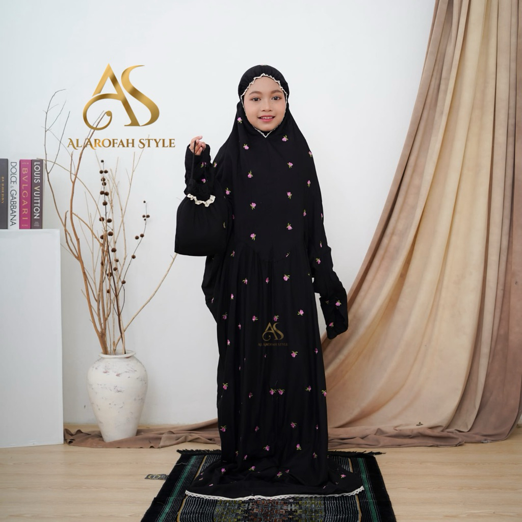 AL AROFAH Mukena Anak Remaja Terusan Adem Rayon Ros Bordir Mukenah Lajuran hitam Motif Bunga