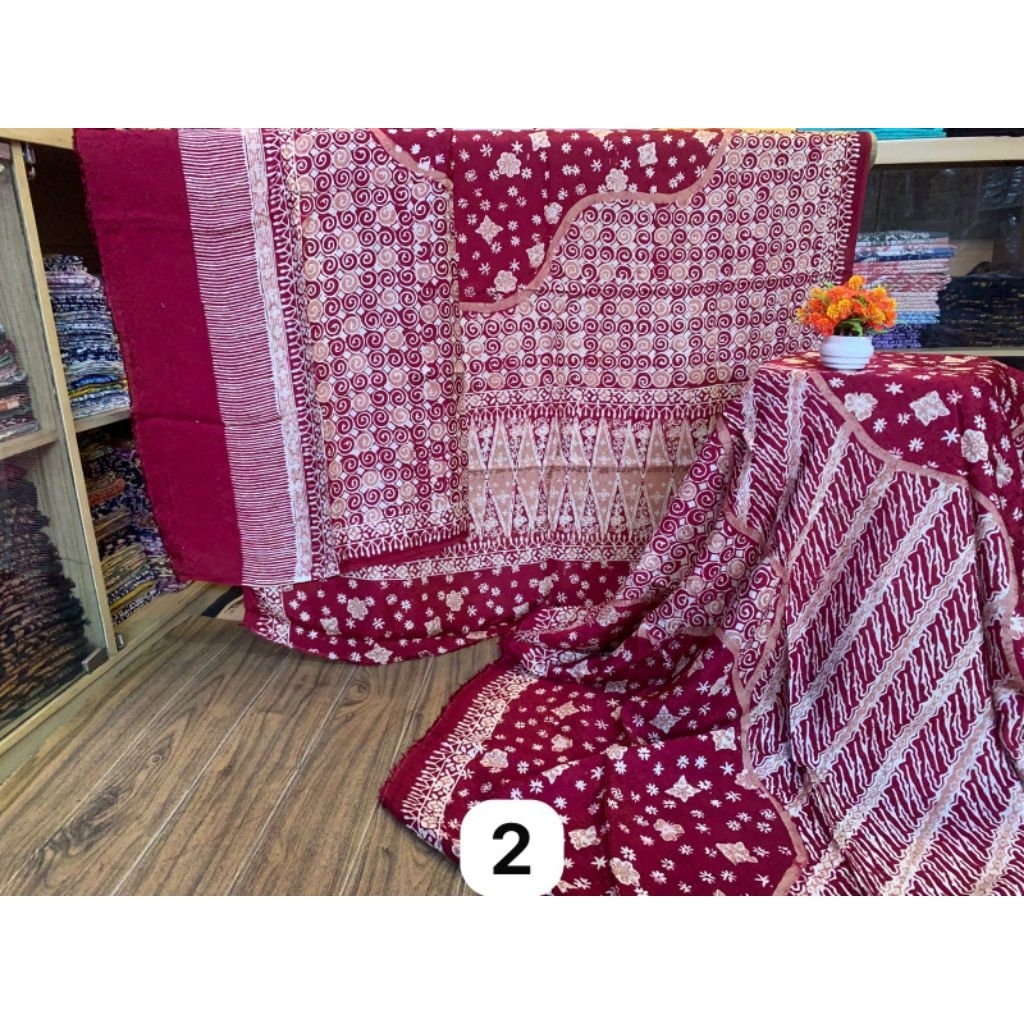 Kain Batik cap viscose set atas bawah merah hitam khas cirebon by Batik Onah