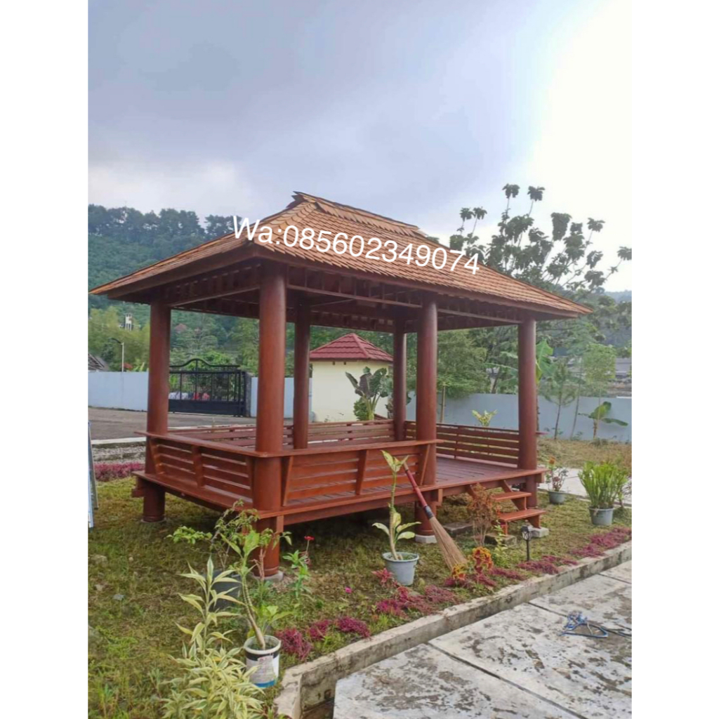 gazebo saung kayu mahoni | gazebo taman kayu mahoni minimalis | gazebo minimalis kayu mahoni