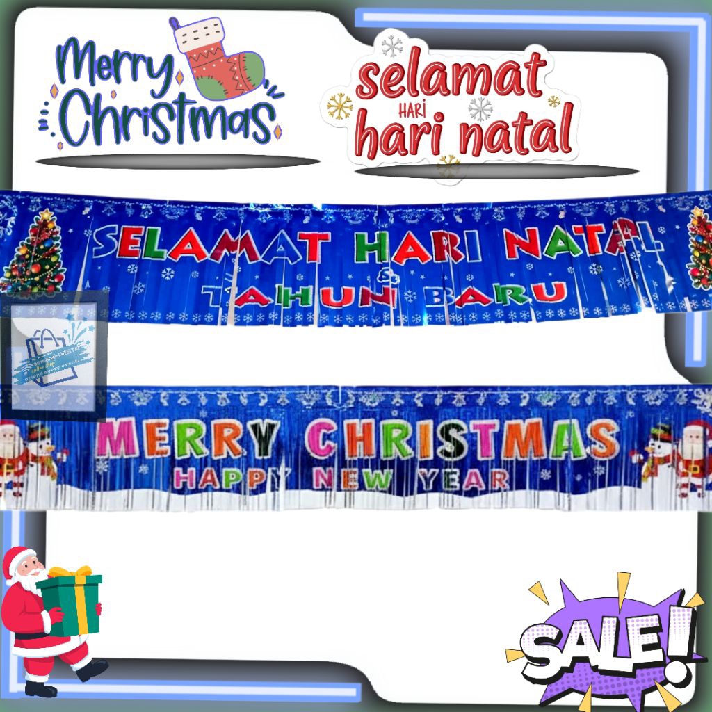 (baru text indonesia)banner selamat natal dan tahun baru,banner rumbai merry Christmas,banner rumbai