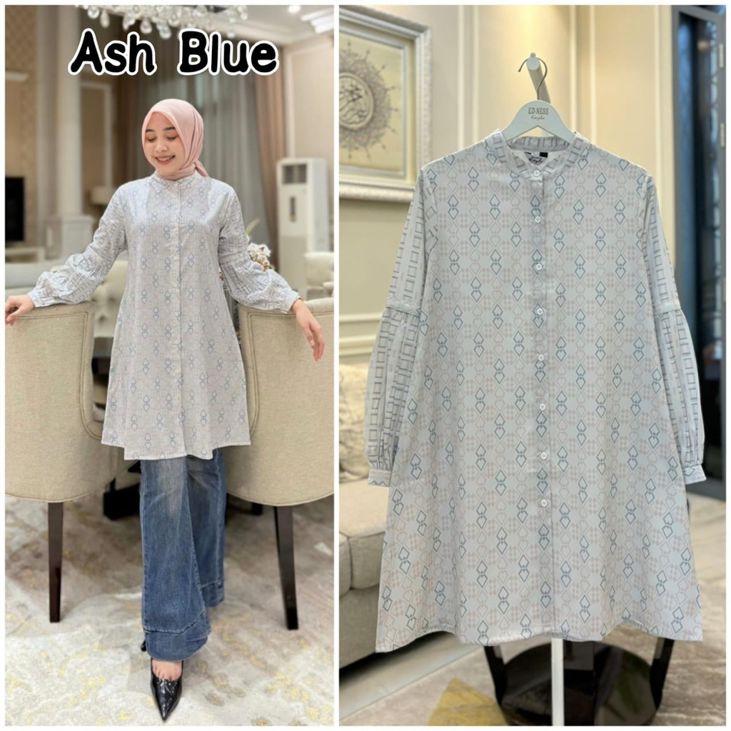 Kemeja tunik bahan  katun NR Motif siang malam Kancing depan full Model Tangan balon ada kancing man