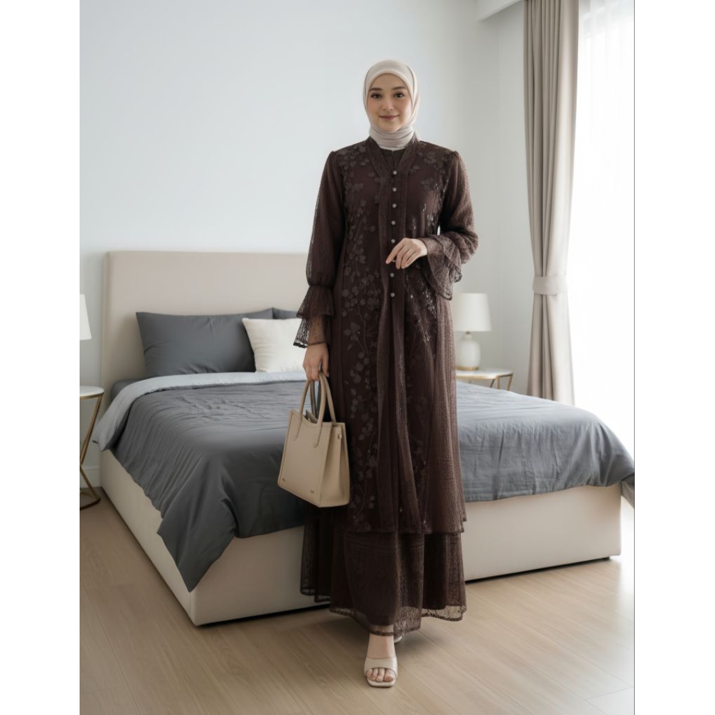 LIFIRLY - Set Gamis Brokat Tile Premium dengan Outer Panjang