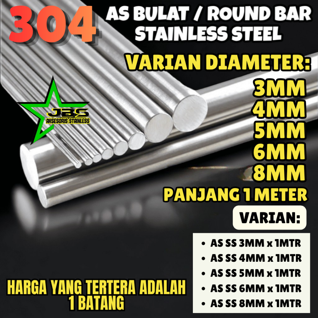 AS SS 304 - 3MM/4MM/5MM/6MM/8MM - ROUND BAR STAINLESS 304 - AS BULAT PADAT