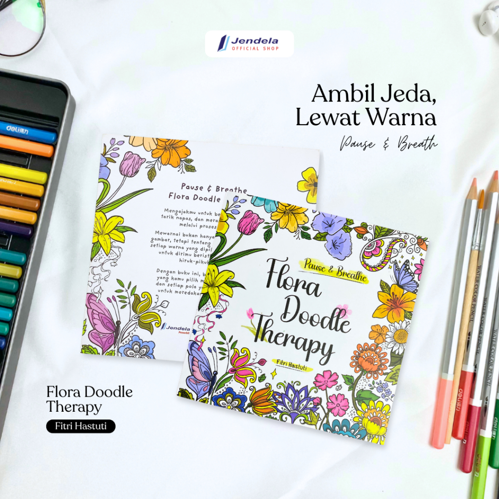 Buku Mewarnai Dewasa Flora Doodle Therapy Pause & Breathe Adult Coloring Book Art Therapy Doodle Flo