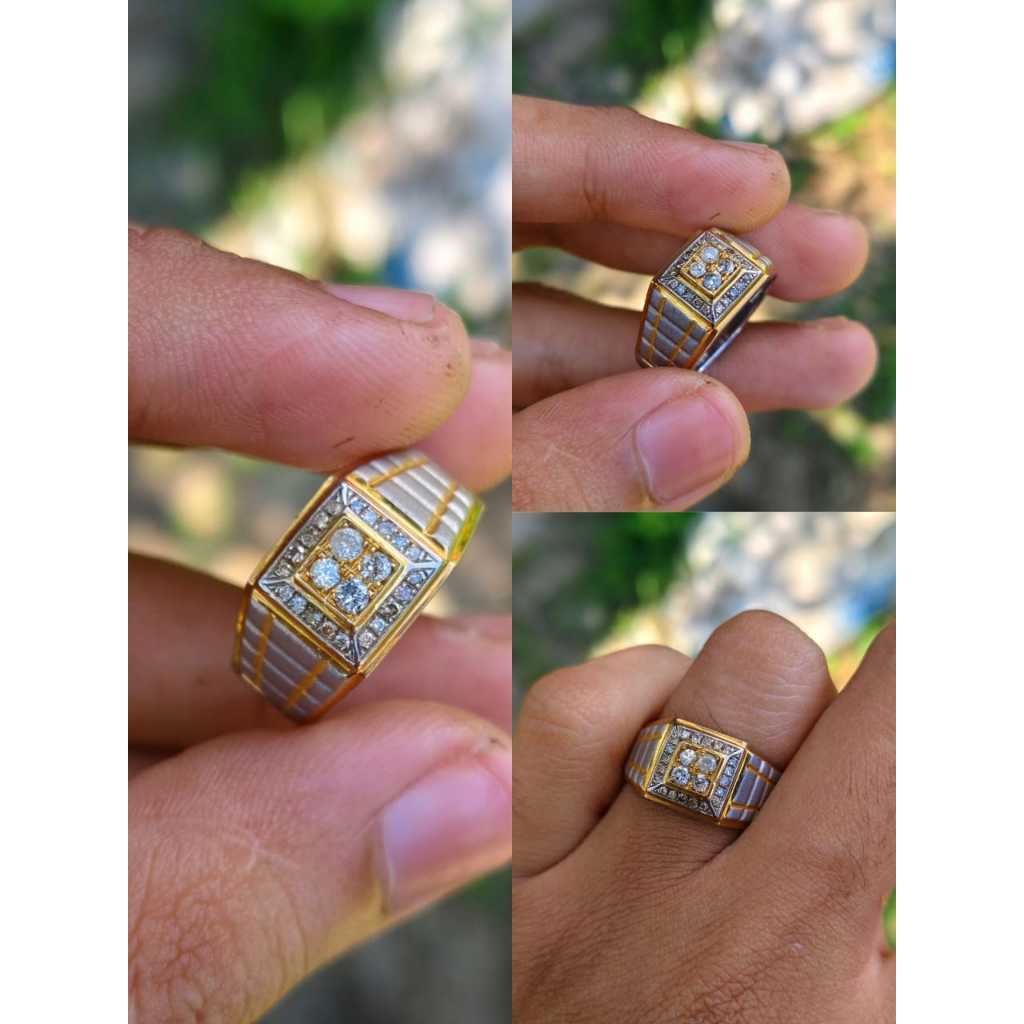 Cincin stempel pria mata empat berlian banjar ring perak silver