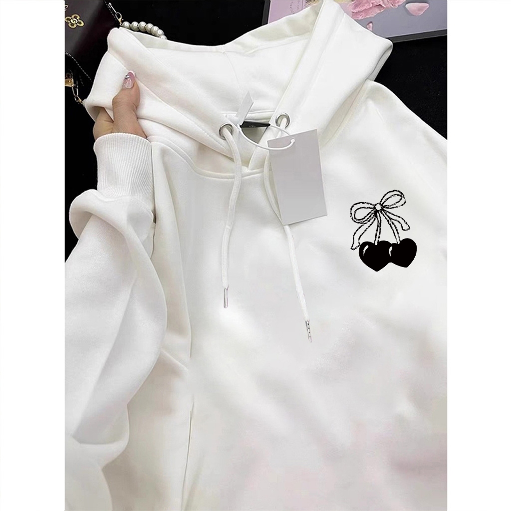 XZHAINV Hoodie lengan panjang wanita Korea dengan motif ceri kecil/Sweater Korea Lengan Panjang/Swea