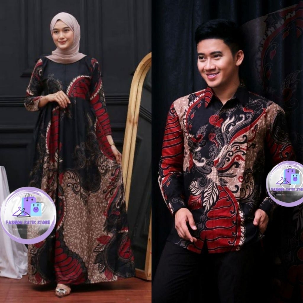 Batik Tunik Gamis Couple Modern Set Pakaian Couple Kemeja Batik Pria Premium Baju Batik  Couple Gami