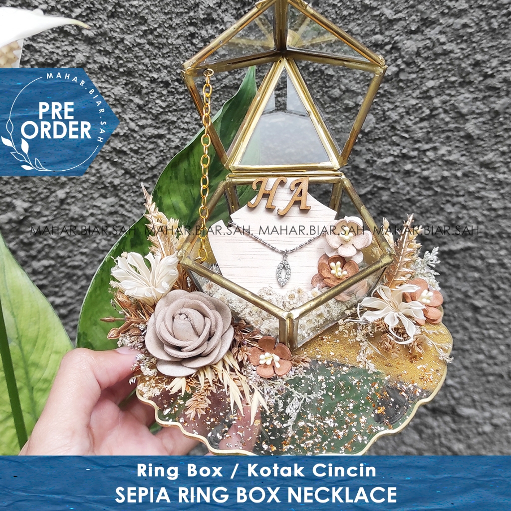 PO SEPIA Ring Box Resin Necklace / Ring Bearer Tempat Kalung Ringbox Kalung Terrarium Mahar Seseraha