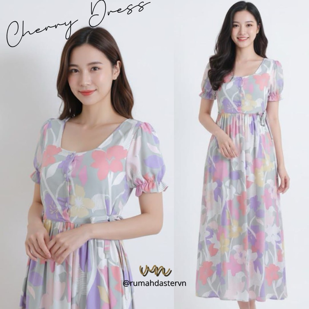 RumahdasterVN - Cherry Dress | Daster Busui Panjang Lengan Balon Tali Samping Kanan Kiri